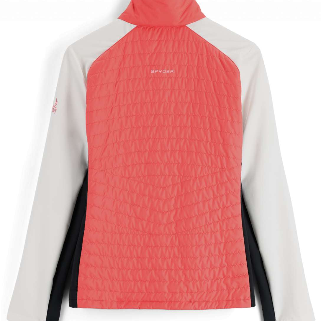 Spyder Ladies Glissade Hybrid Insulated Jacket 2023 - A coral-colored jacket with a quilted pattern on the back and white sleeves.