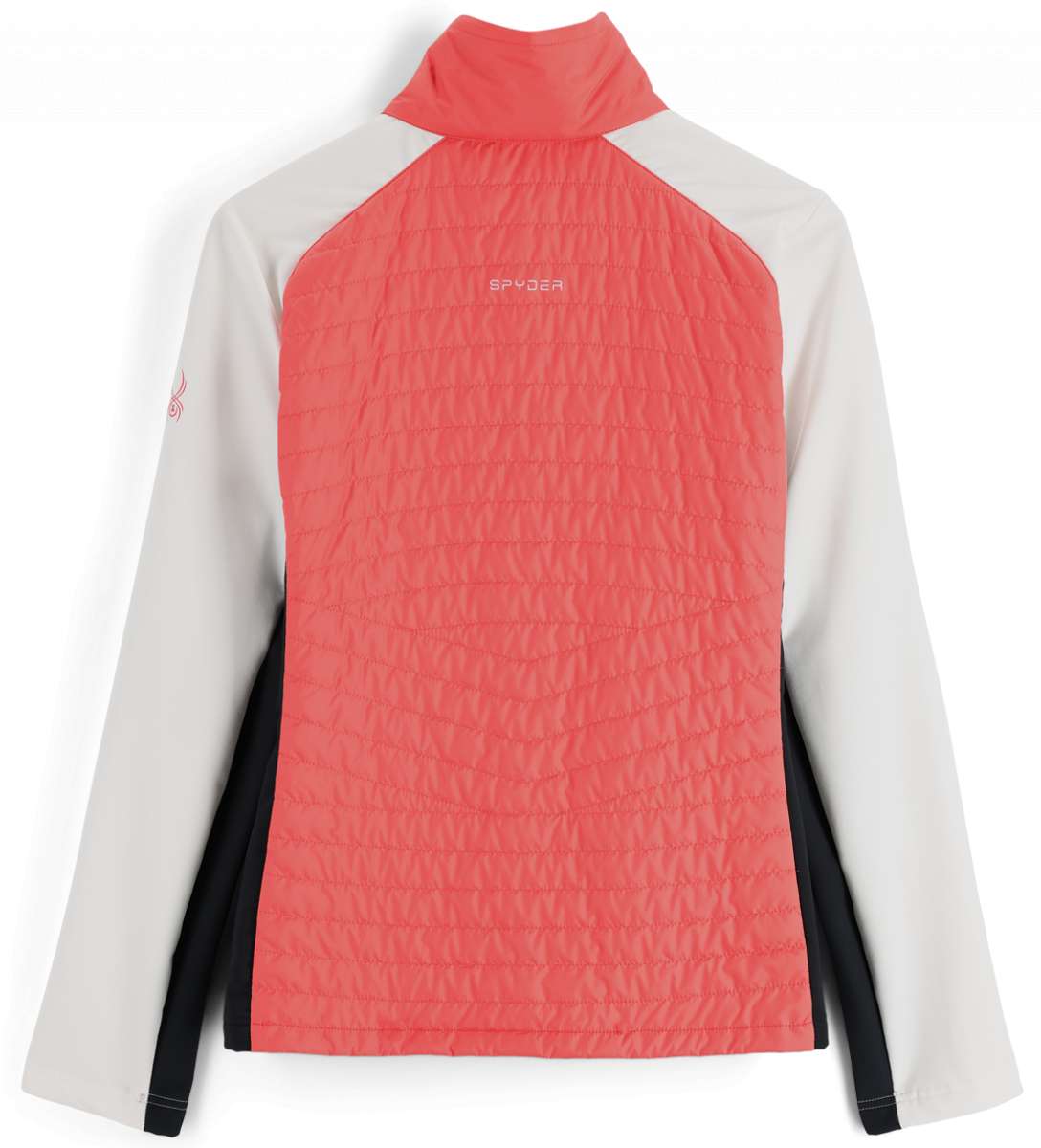 Spyder Ladies Glissade Hybrid Insulated Jacket 2023 - A coral-colored jacket with a quilted pattern on the back and white sleeves.
