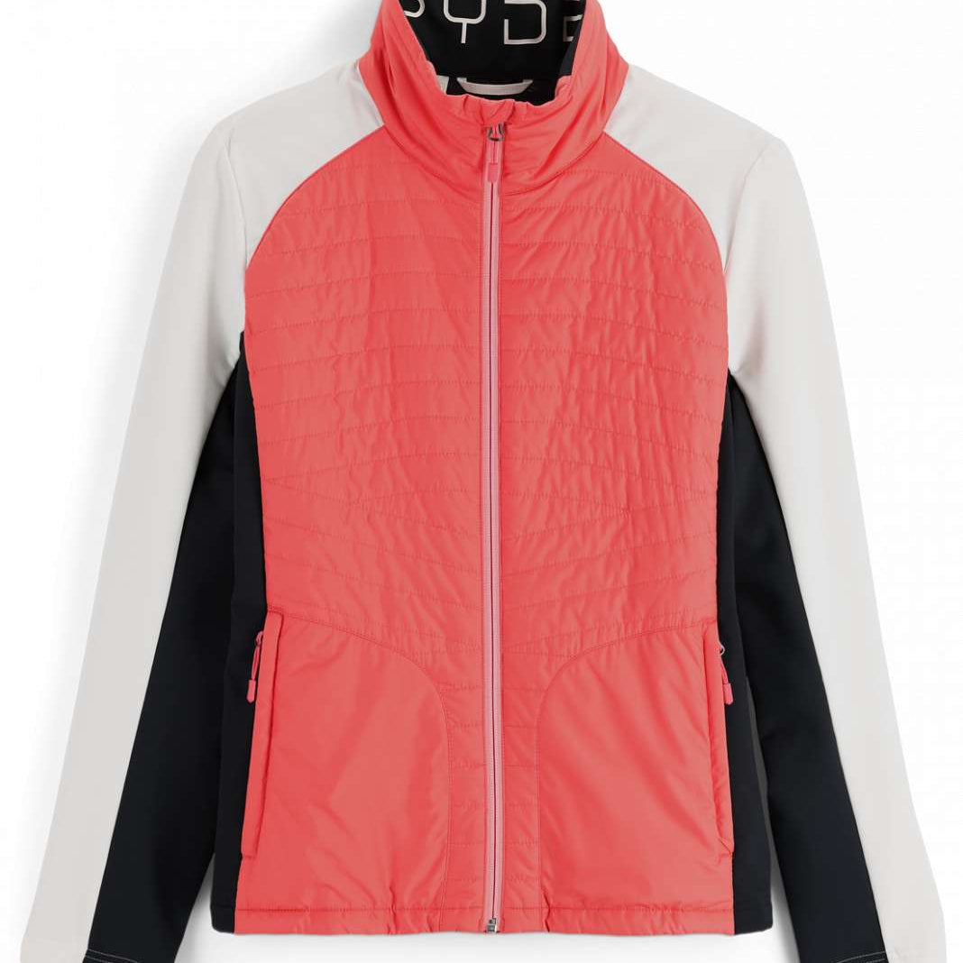 Spyder Ladies Glissade Hybrid Insulated Jacket 2023 - A coral-colored jacket with a black zipper and white accents on the shoulders.