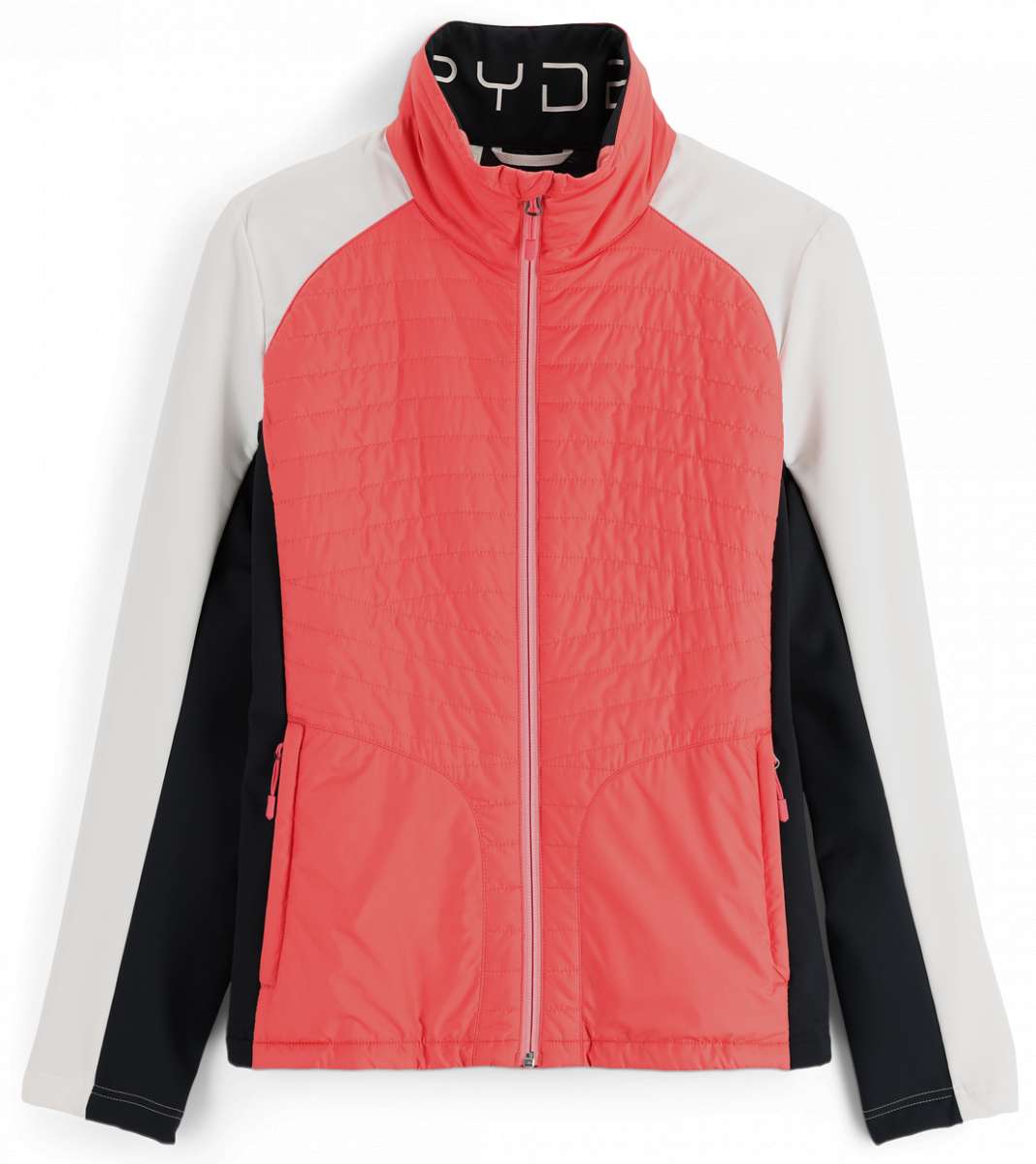 Spyder Ladies Glissade Hybrid Insulated Jacket 2023 - A coral-colored jacket with a black zipper and white accents on the shoulders.