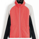 Spyder Ladies Glissade Hybrid Insulated Jacket 2023 - A coral-colored jacket with a black zipper and white accents on the shoulders.