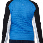 Spyder Ladies Glissade Hybrid Insulated Jacket 2023 - A blue jacket with a high collar and quilted pattern on the back, worn by a model with blonde hair.