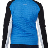 Spyder Ladies Glissade Hybrid Insulated Jacket 2023 - A blue jacket with a high collar and quilted pattern on the back, worn by a model with blonde hair.