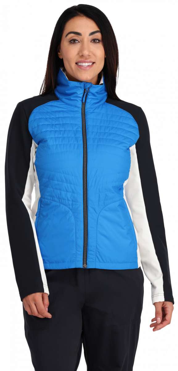 Spyder Ladies Glissade Hybrid Insulated Jacket - A blue and white jacket with a high collar, zipper closure, and quilted pattern on chest.