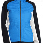 Spyder Ladies Glissade Hybrid Insulated Jacket - A blue and white jacket with a high collar, zipper closure, and quilted pattern on chest.