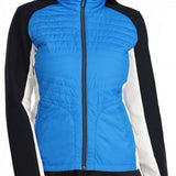 Spyder Ladies Glissade Hybrid Insulated Jacket - A blue and white jacket with a high collar, zipper closure, and quilted pattern on chest.