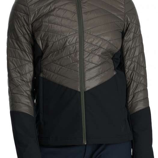 Spyder Ladies Glissade Insulated Jacket - A black jacket with diagonal white stripes on the chest and sleeves, worn by a model against a light gray background.