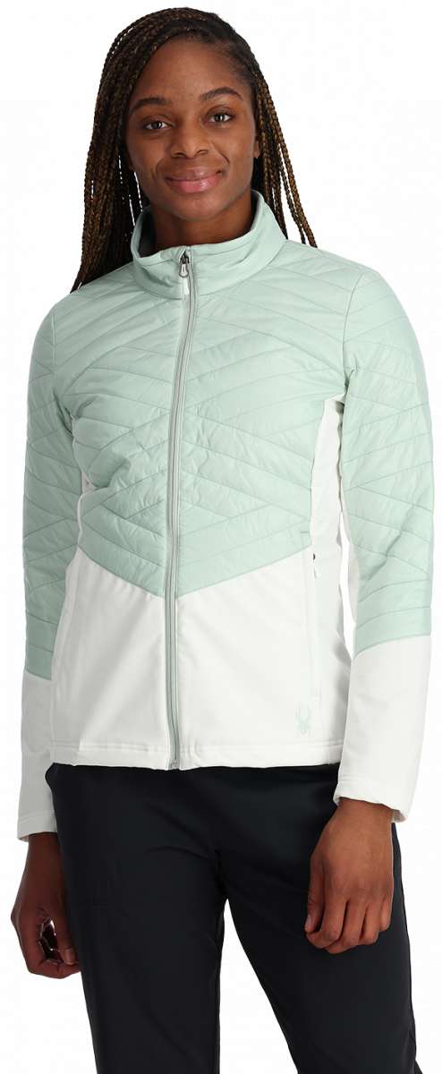 Spyder Ladies Glissade Insulated Jacket - A mint green jacket with a high collar and diagonal quilted pattern on chest, sleeves, and back.