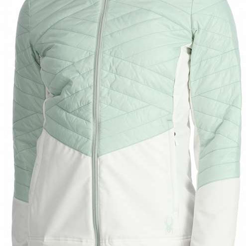 Spyder Ladies Glissade Insulated Jacket - A mint green jacket with a high collar and diagonal quilted pattern on chest, sleeves, and back.