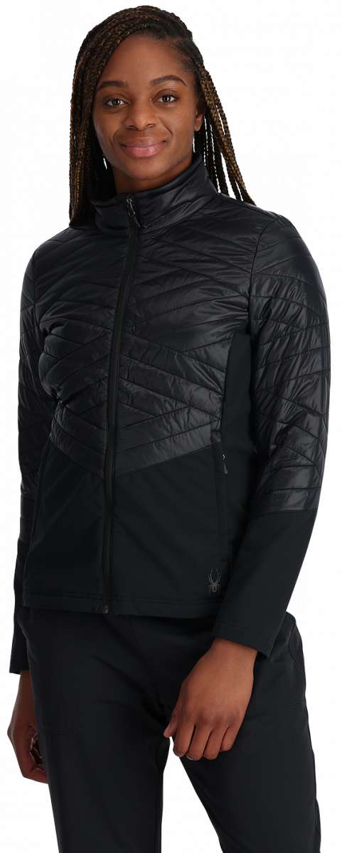 Spyder Ladies Glissade Insulated Jacket - Black quilted pattern on sleeves and upper back, solid black body.