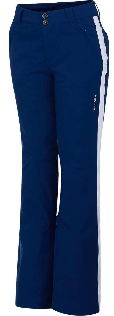 Spyder Ladies Hint GORE-TEX Infinium Pants 2022 - Dark blue pants with white logo on left thigh and silver zipper pull.
