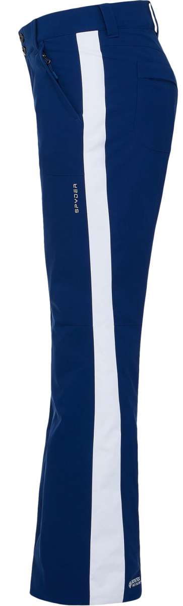 Spyder Ladies Hint GORE-TEX Infinium Pants 2022 - Dark blue pants with white stripe down center leg and "SPYDER" logo on left thigh.