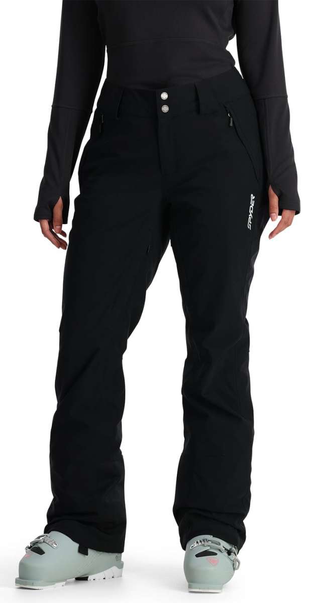 Spyder Ladies HONE GORE-TEX Shell Pant 2024 - Black ski pants with a subtle white logo on the left thigh and silver hardware.