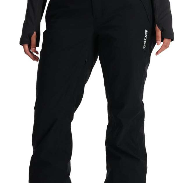 Spyder Ladies HONE GORE-TEX Shell Pant 2024 - Black ski pants with a subtle white logo on the left thigh and silver hardware.