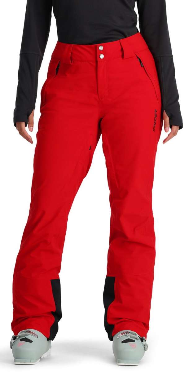 Spyder Ladies HONE GORE-TEX Shell Pant - Solid red snow pants with black accents and a zippered pocket on the right thigh.