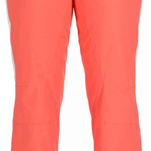 Spyder Ladies Hope Insulated Pant 2023 - A pair of coral-colored ski pants with a subtle white pattern on the left leg, featuring two silver buttons at the waist and a zippered pocket on the right thigh.
