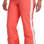 Spyder Ladies Hope Insulated Pant 2023 - A pair of coral-colored snow pants with a white stripe down the side, featuring two black buttons on the waistband.
