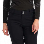 Spyder Ladies Hope Insulated Pant 2023 - Black ski pants with a subtle pattern of thin white lines on the side seams and black drawstring at waist.