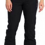 Spyder Ladies Hope Insulated Pant 2023 - Black ski pants with a subtle white pattern on the left leg, featuring two silver buttons at the waist and a black belt loop.