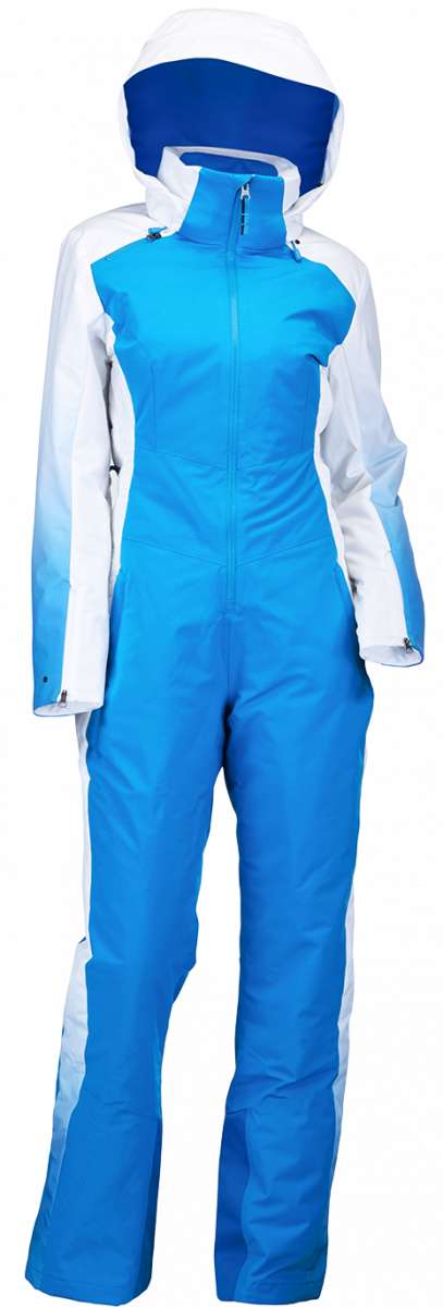 Spyder Ladies Insulated Power Suit 2023 - A blue and white snowsuit with a hood, featuring a zipper down the front.