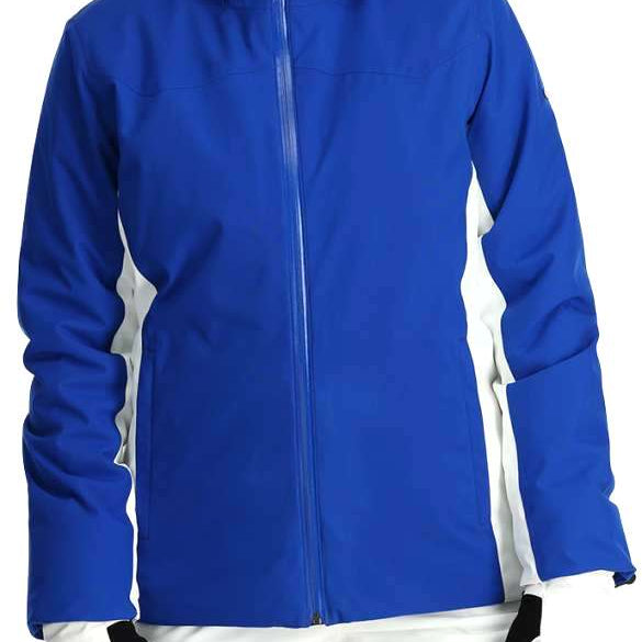 Spyder Women's Mega 3-in-1 Insulated Jacket - A royal blue jacket with a white zipper and two zippered pockets on either side.