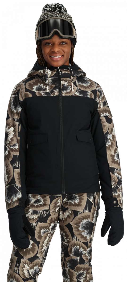 Spyder Ladies Optimist Insulated Jacket 2024 - A black jacket with a white and brown abstract floral pattern on the chest, hood, and sleeves.