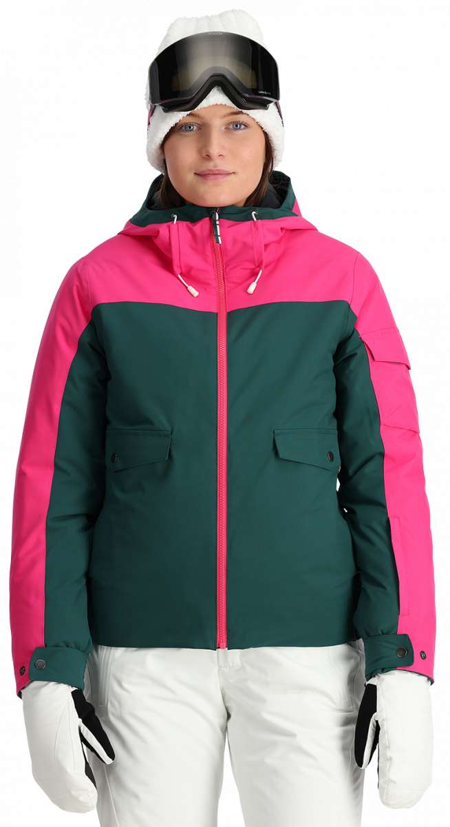 Spyder Ladies Optimist Insulated Jacket 2024 - A dark green and hot pink ski jacket with a hood, zippered pockets, and adjustable cuffs.