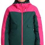 Spyder Ladies Optimist Insulated Jacket 2024 - A dark green and hot pink ski jacket with a hood, zippered pockets, and adjustable cuffs.