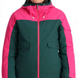 Spyder Ladies Optimist Insulated Jacket 2024 - A dark green and hot pink ski jacket with a hood, zippered pockets, and adjustable cuffs.