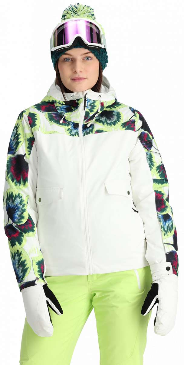 Spyder Ladies Optimist Insulated Jacket 2024 - A white jacket with a tie-dye pattern on the sleeves and hood, featuring a zippered front and two pockets.