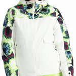 Spyder Ladies Optimist Insulated Jacket 2024 - A white jacket with a tie-dye pattern on the sleeves and hood, featuring a zippered front and two pockets.