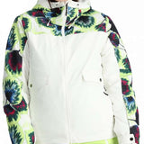 Spyder Ladies Optimist Insulated Jacket 2024 - A white jacket with a tie-dye pattern on the sleeves and hood, featuring a zippered front and two pockets.