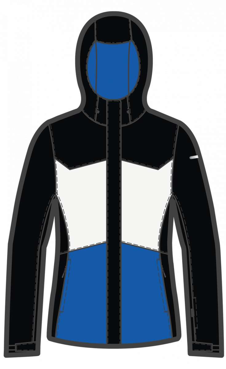 Spyder Ladies Paradise Insulated Jacket 2023 - A black jacket with a white geometric pattern on the chest and blue accents on the hood.
