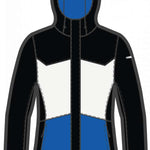 Spyder Ladies Paradise Insulated Jacket 2023 - A black jacket with a white geometric pattern on the chest and blue accents on the hood.