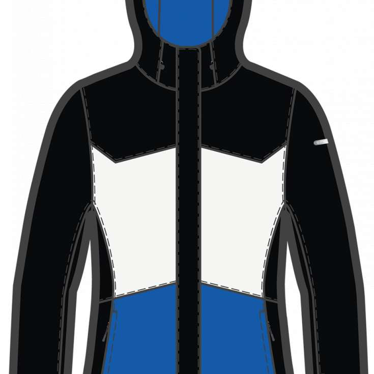 Spyder Ladies Paradise Insulated Jacket 2023 - A black jacket with a white geometric pattern on the chest and blue accents on the hood.
