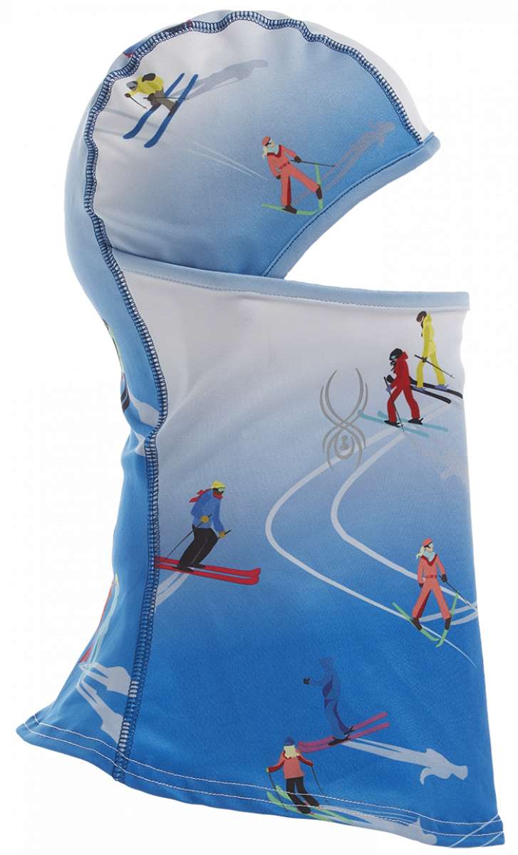 Spyder Ladies Pivot Balaclava 2023 - A light blue balaclava with a repeating pattern of skiers in red, yellow, and black ski suits.