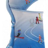 Spyder Ladies Pivot Balaclava 2023 - A light blue balaclava with a repeating pattern of skiers in red, yellow, and black ski suits.