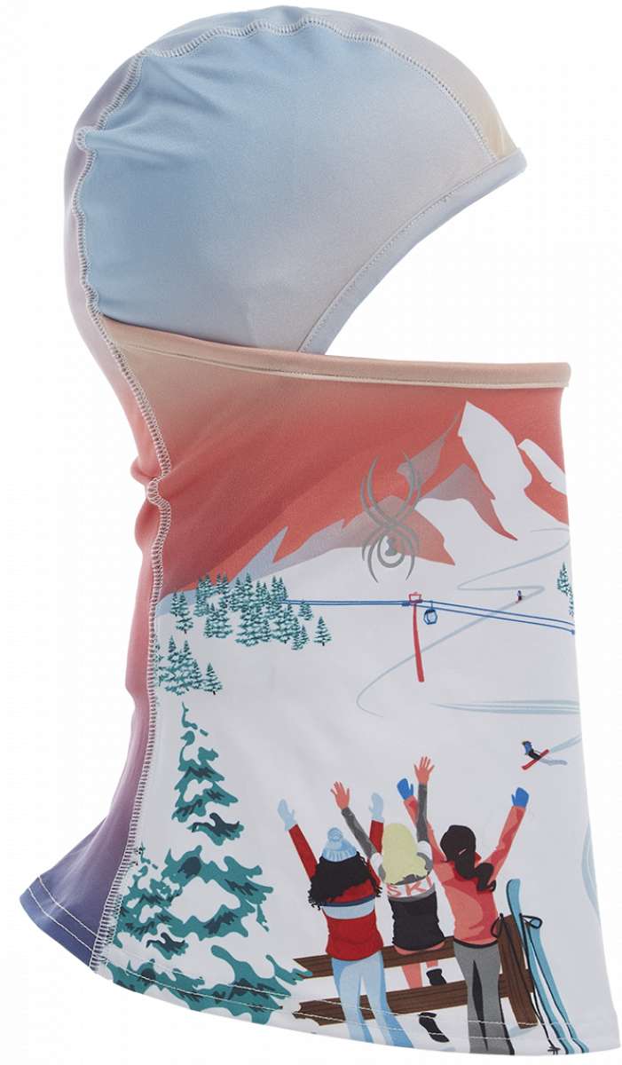 Spyder Ladies Pivot Balaclava 2023 - A light blue balaclava with a white trim and a logo on the front.