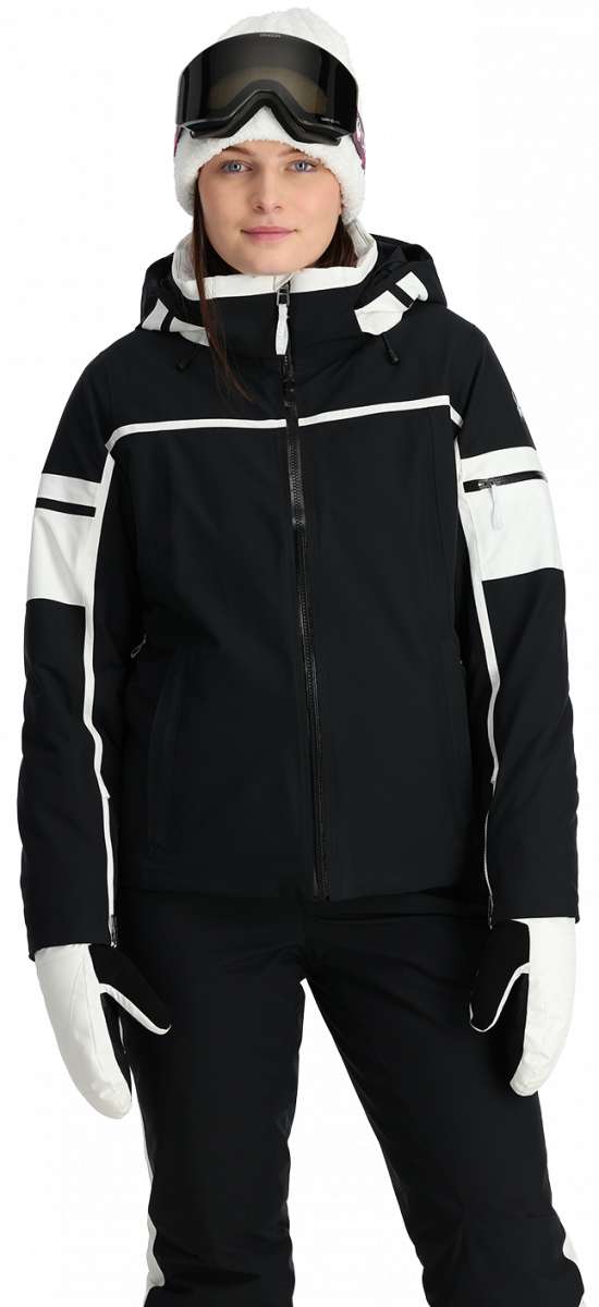 Spyder Women's Poise Insulated Jacket - Black jacket with white stripe on sleeve and hood zipper.
