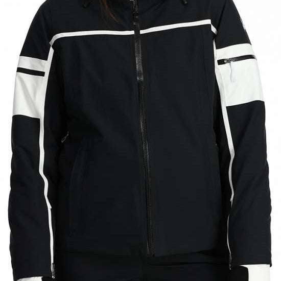Spyder Women's Poise Insulated Jacket - Black jacket with white stripe on sleeve and hood zipper.