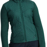 Spyder Ladies Pursuit Insulator Jacket 2024 - A dark green quilted jacket with a high collar and zippered front, worn by a model against a light gray background.