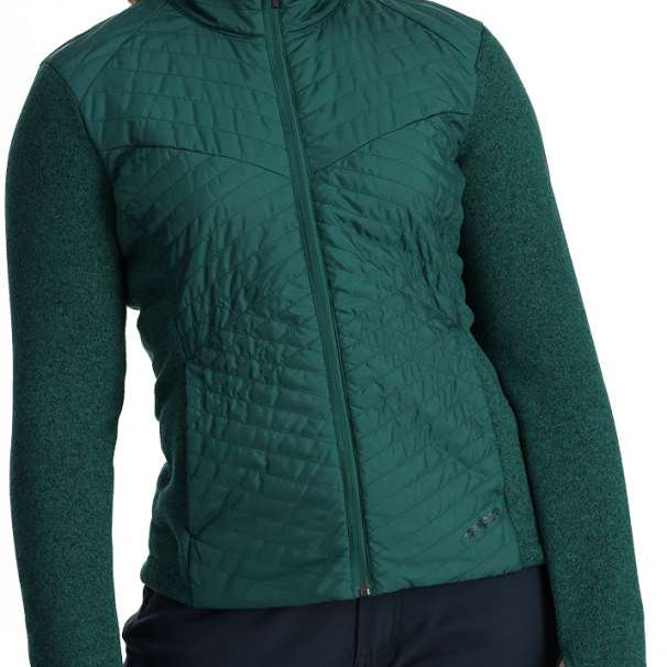 Spyder Ladies Pursuit Insulator Jacket 2024 - A dark green quilted jacket with a high collar and zippered front, worn by a model against a light gray background.