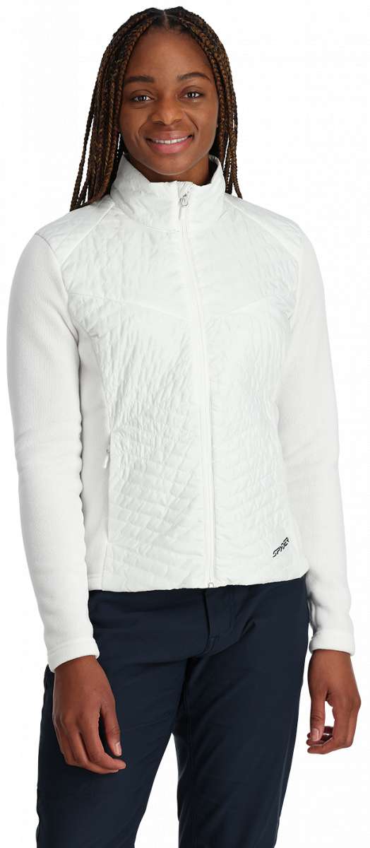 Spyder Ladies Pursuit Insulator Jacket 2024 - A white quilted jacket with a high collar and zipper closure.