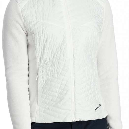 Spyder Ladies Pursuit Insulator Jacket 2024 - A white quilted jacket with a high collar and zipper closure.