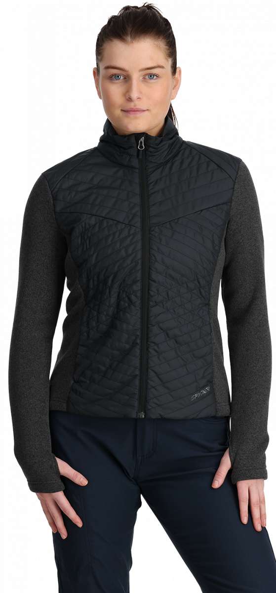Spyder Ladies Pursuit Insulator Jacket - A black jacket with a quilted pattern on the front and back, featuring a high collar and zippered pockets.
