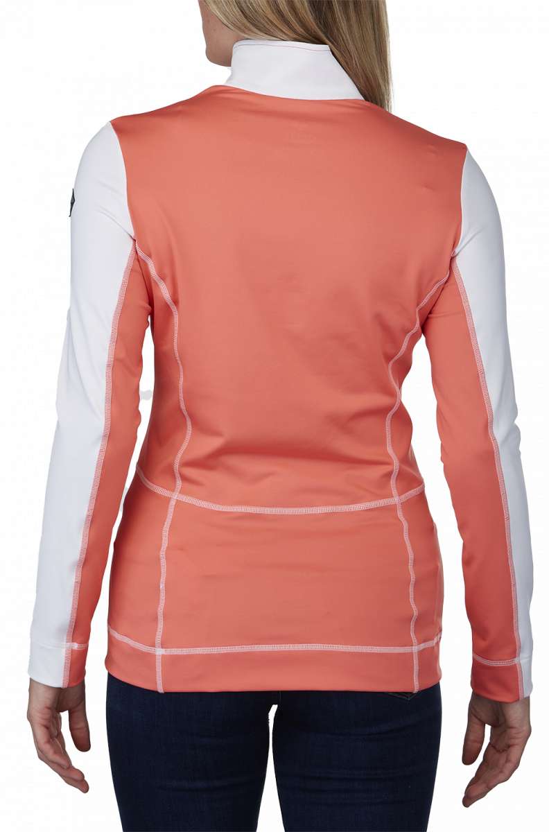 Spyder Ladies Savona 1/4 Zip Turtle Neck - A coral-colored zip-up turtle neck with a white collar and long sleeves.