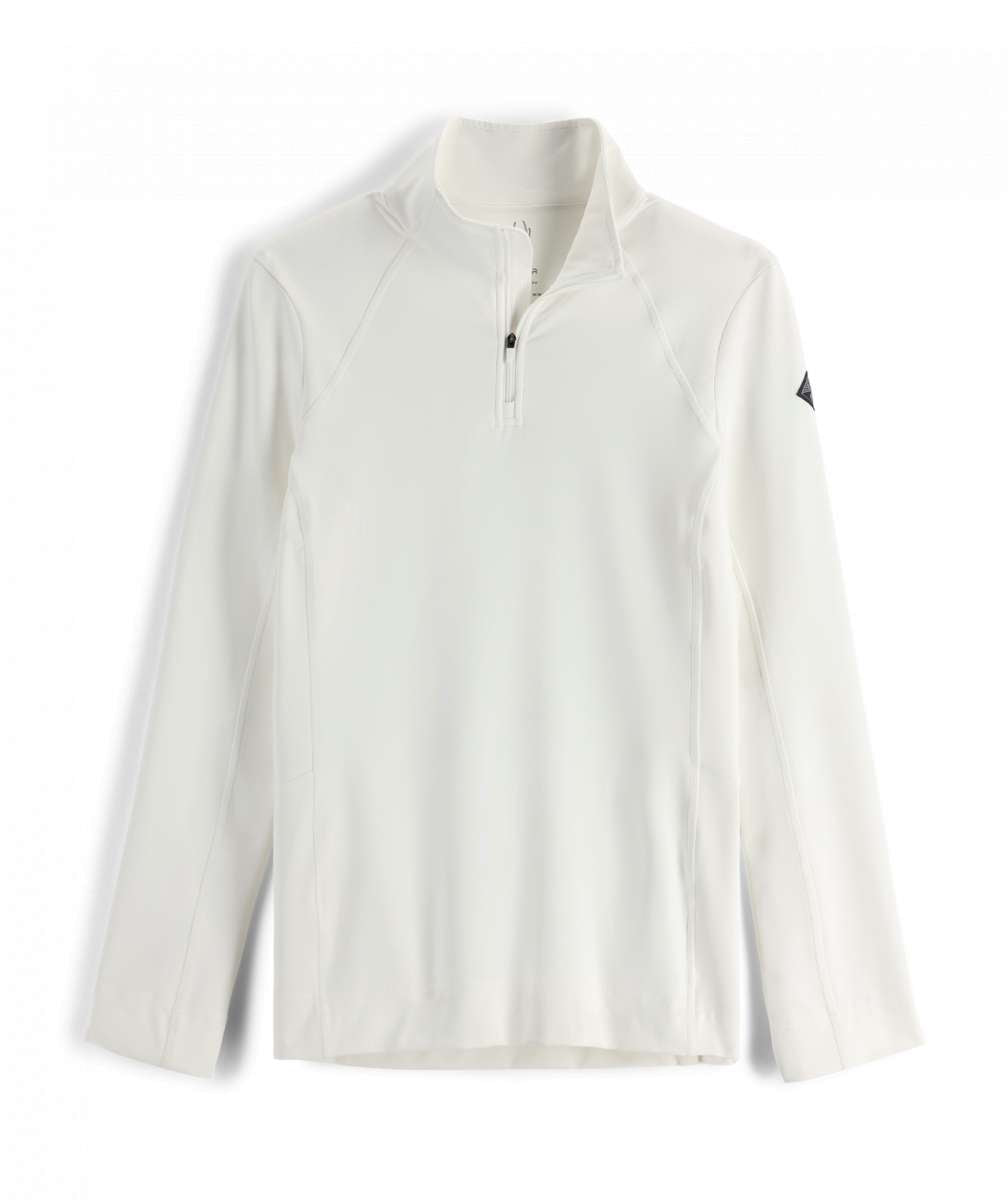 Spyder Ladies Savona 1/4 Zip Turtle Neck 2023 - A white turtle-necked zip-up sweater with a high collar and black zipper.