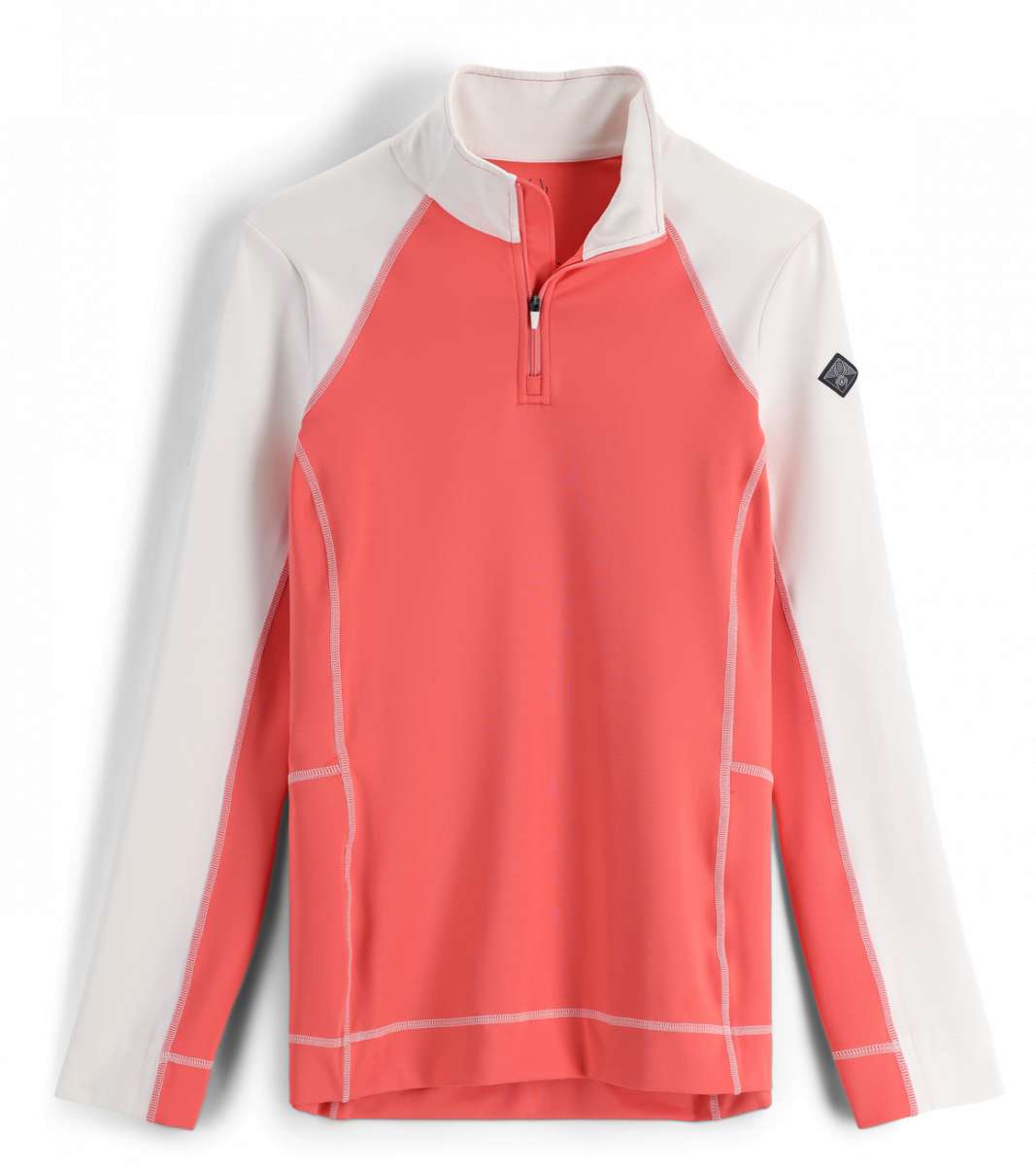 Spyder Ladies Savona 1/4 Zip Turtle Neck 2023 - A coral-colored turtle neck with a quarter zip and white accents on the shoulders, collar, and cuffs.