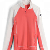 Spyder Ladies Savona 1/4 Zip Turtle Neck 2023 - A coral-colored turtle neck with a quarter zip and white accents on the shoulders, collar, and cuffs.