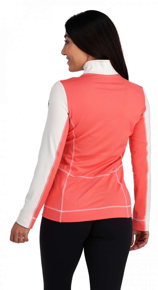 Spyder Ladies Savona 1/4 Zip Turtle Neck - A coral-colored zip-up turtle neck with a white collar and long sleeves.